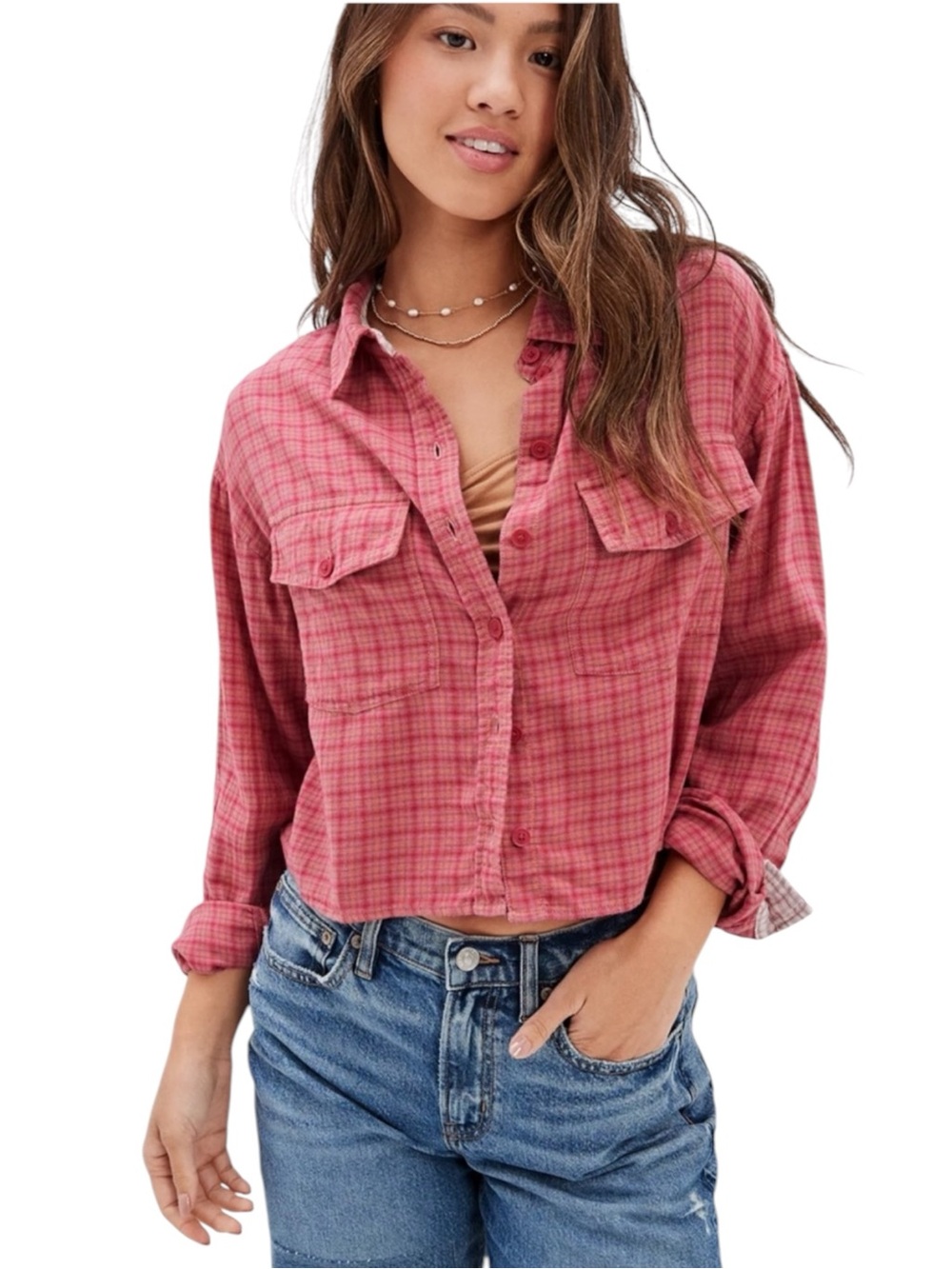 NWT American Eagle Pink Flannel Button Down Cropped Size Small